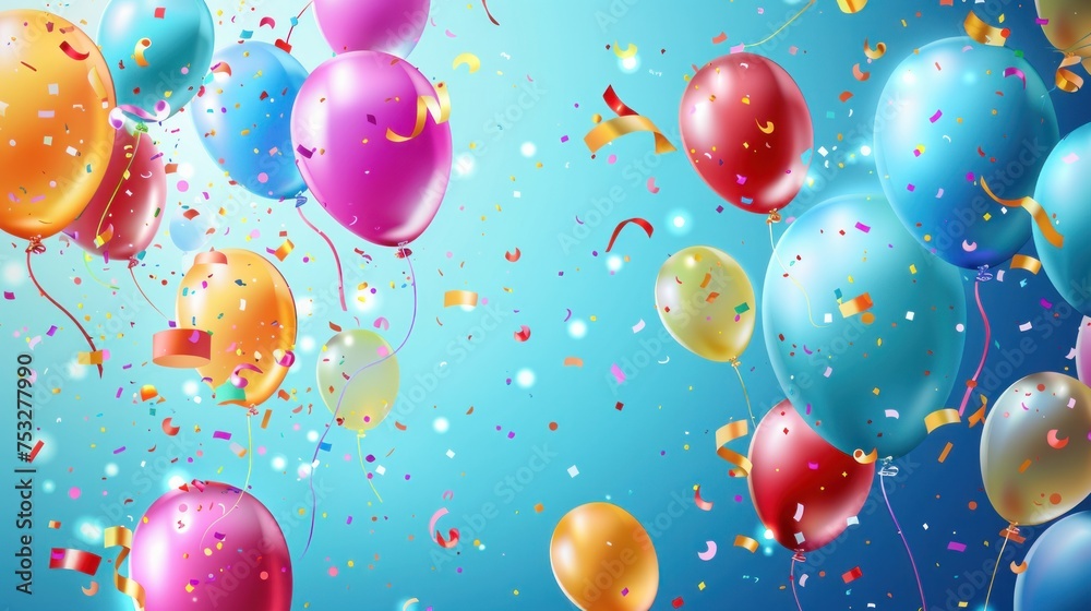 A lively and colorful background, featuring flying balloons and a shower of confetti glitters A lively and colorful background, featuring flying balloons and a shower of confetti glitters