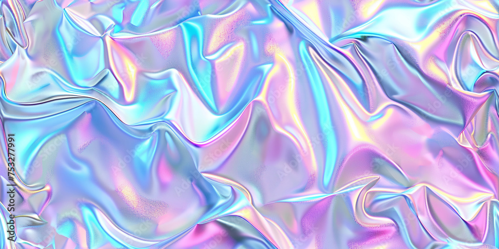 Iridescent abstract colorful seamless background, 3d render, holographic foil, liquid petrol surface, ripples, metallic reflection, esoteric aura, psychedelic pattern 80s 90s Y2K style social media