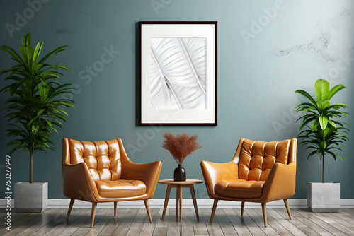 Two orange leather armchairs against stucco wall with poster frame. Mid century home interior design of modern living room. photo