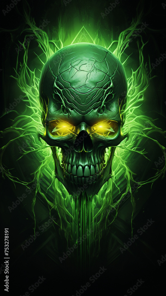 green skull with green rays, in the style of hauntingly beautiful illustrations сreated with Generative Ai