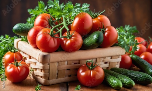 Cucumbers, tomatoes and parsley in a basket on a wooden table