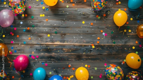 A lively frame of colorful balloons, streamers, and confetti, artfully arranged on rustic wood planks