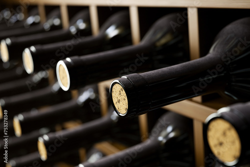 Premium Wine Bottles Lined in Wooden Rack - Cellar Collection © Dabarti