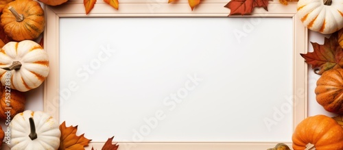 Autumn themed portrait frame with pumpkins on a light wall