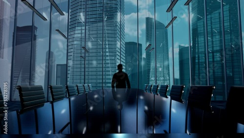 Life Coaching. Businessman Working in Office among Skyscrapers. Hologram Concept