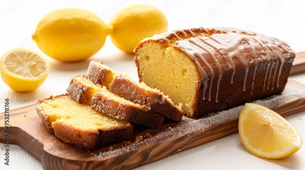 A slice of pound cake with a zesty lemon glaze, presented on a cutting board
