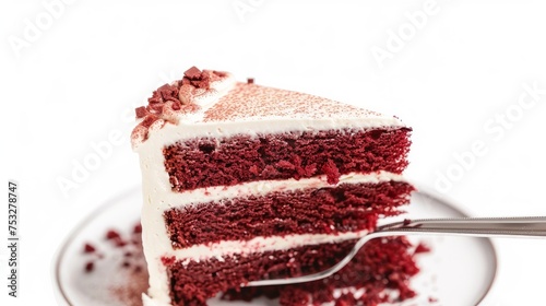 A delectable slice of red velvet cake, with its vibrant red layers contrasted by creamy frosting, sits invitingly on a rustic wooden board