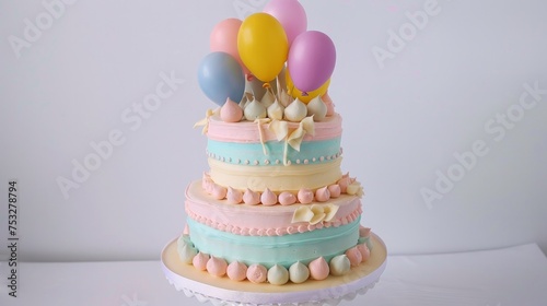 A charming tiered birthday cake with soft pastel-colored layers, beautifully adorned with party balloons