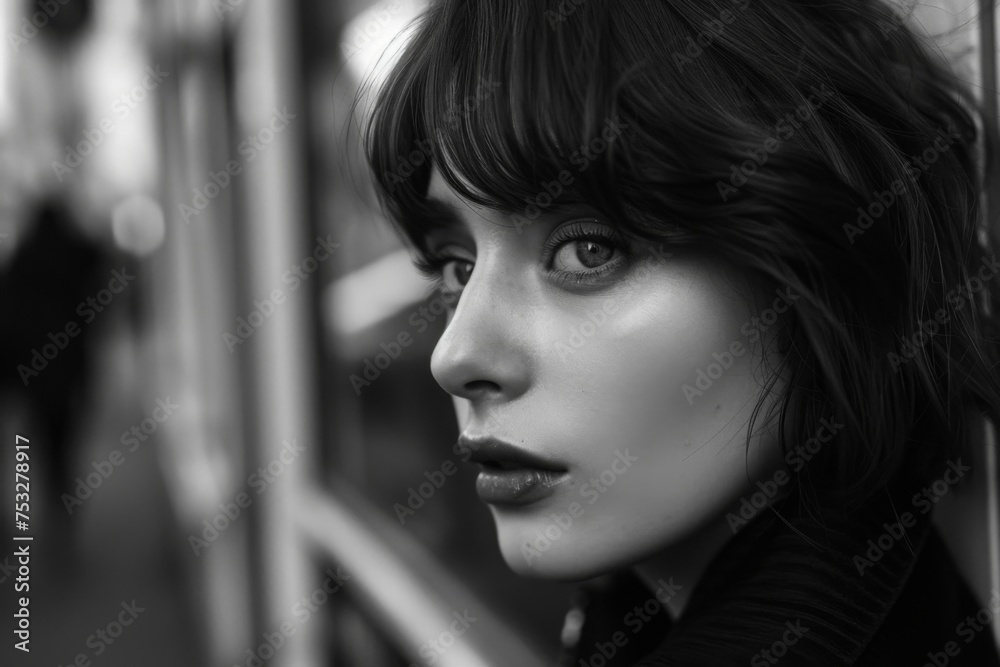 A black and white close-up portrait of a young woman in the city, her intense gaze and tousled bob framed by the soft blur of the urban backdrop. A black and white close-up portrait of a young woman in the city, her intense gaze and tousled bob framed by the soft blur of the urban backdrop.