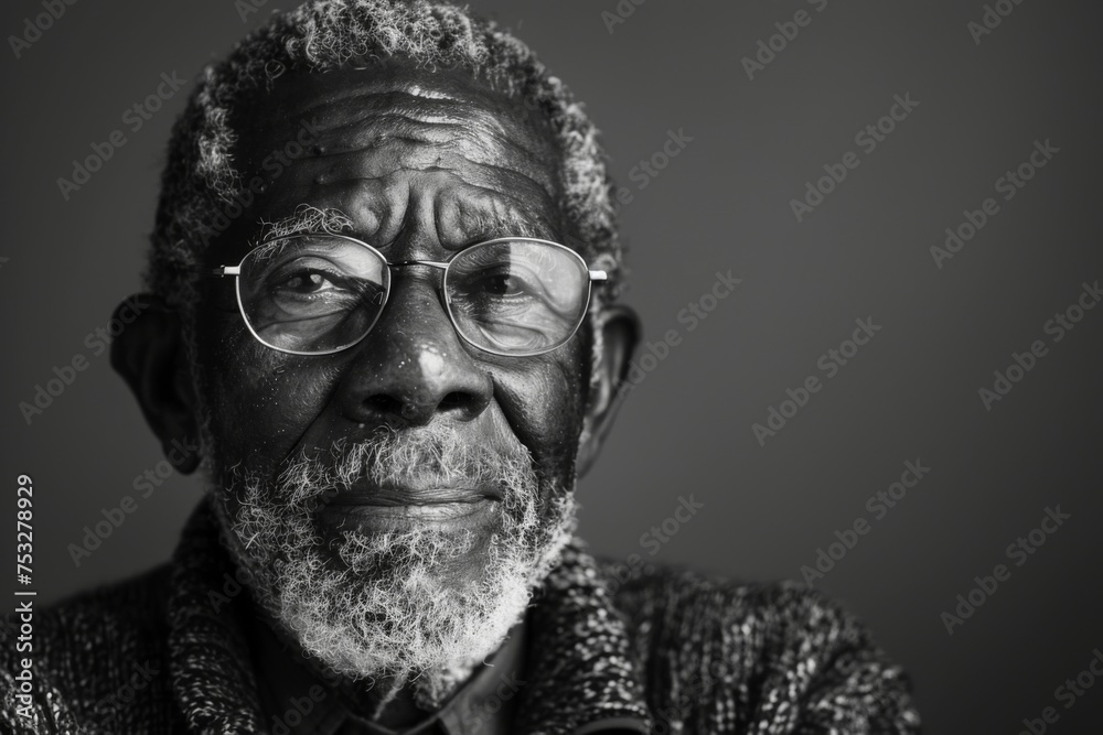 The portrait highlights the deep-set eyes and textured beard of an elderly man, his face a testament to the richness of life, framed in monochrome elegance. The portrait highlights the deep-set eyes and textured beard of an elderly man, his face a testament to the richness of life, framed in monochrome elegance.