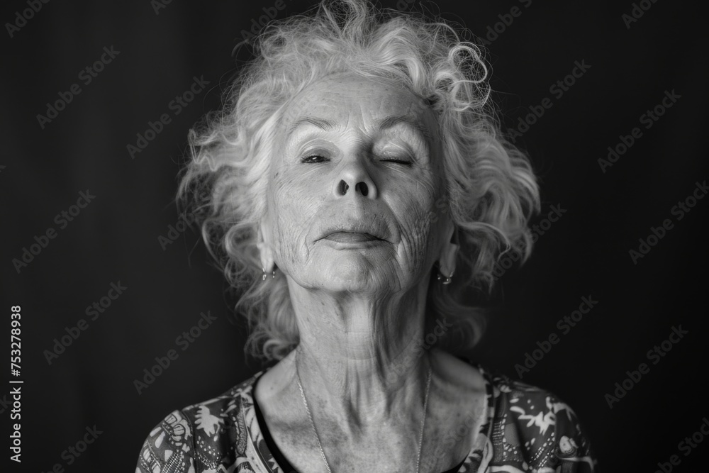 A serene and soulful portrait in black and white, capturing an elderly woman with her eyes closed, surrounded by her free-flowing silver curls. A serene and soulful portrait in black and white, capturing an elderly woman with her eyes closed, surrounded by her free-flowing silver curls.