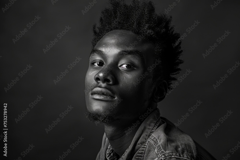 A direct gaze from a young man with textured hair in a black and white image captures a moment of quiet confidence and thoughtful presence.