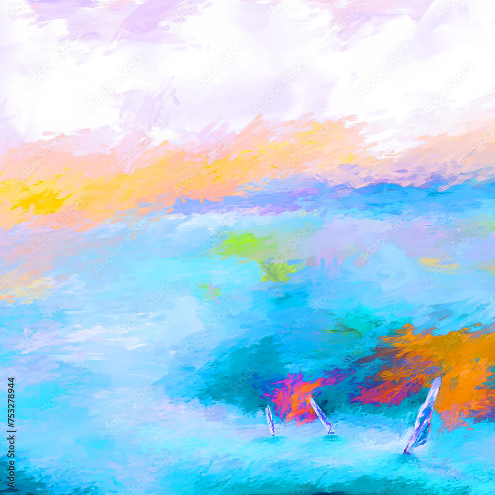 Impressionistic Trio of Sailboats at Sunrise or Sunset in the Waves, but Near the Lakeside Shoreline - in vibrant blue/teal, orange, pink Purple - Digital Painting, Art, Illustration, Design, Artwork