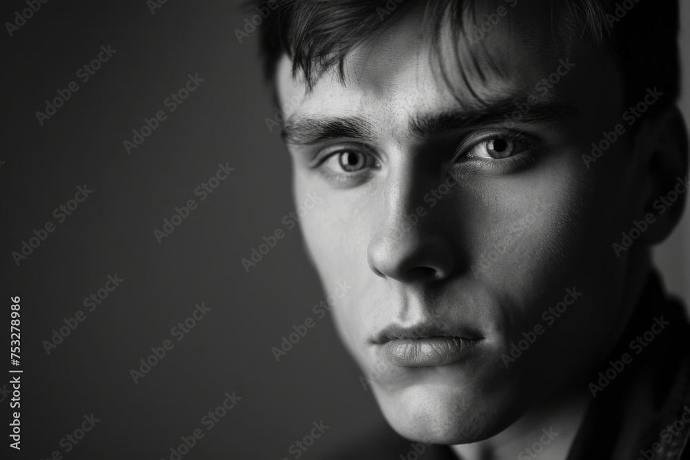 A close-up in black and white capturing the intense gaze of a young man, his features cast in the subtle interplay of light and shadow. A close-up in black and white capturing the intense gaze of a young man, his features cast in the subtle interplay of light and shadow.