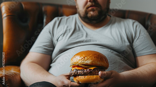 close up view of overweight man sitting holding a hamburger, sedentary lifestyle, bad habits