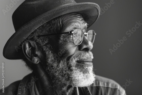A black and white studio portrait of an elderly man smiling in reverie, his face framed by a timeless hat, reflecting a life well-lived.