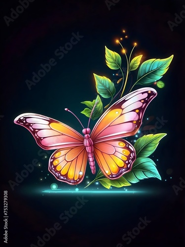 Beautiful butterfly with green leaves on dark background. Vector illustration, butterfly, background, design, illustration, nature, beautiful, flower, card, decoration, beauty, art, floral, graphic