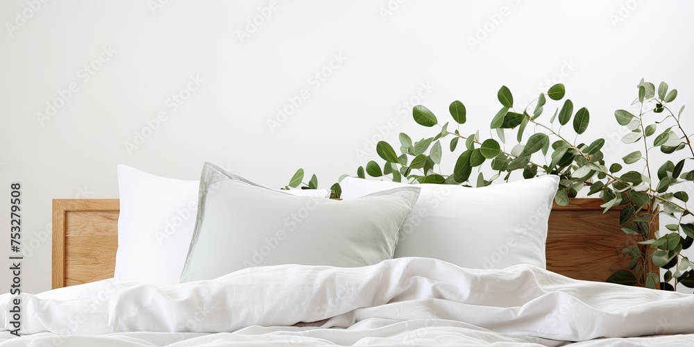 Minimal style bedroom with eucalyptus branch on wood table, comfortable bed with bedding and pillows on white background.