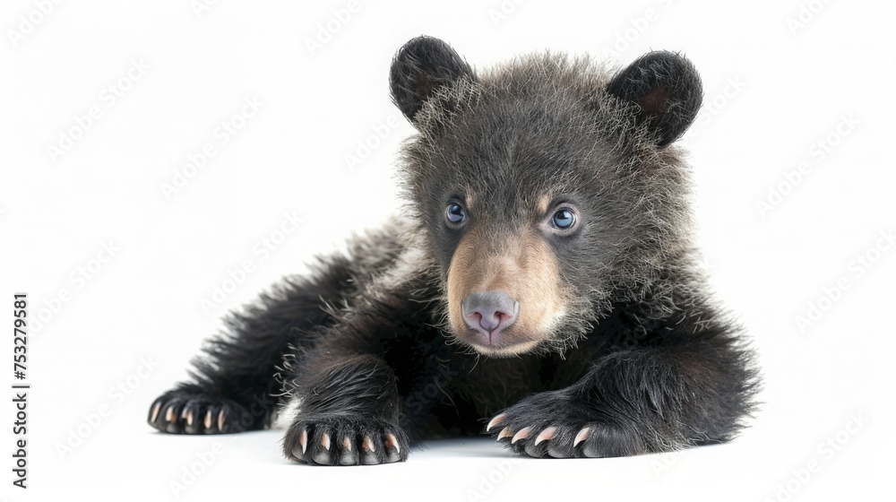 Fototapeta premium Adorable baby bear cub isolated on white background. Cute funny newborn animal portrait. Small furry pet for greeting card. banner template. Good for kids events or animal shelter poster design