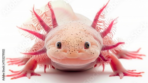 Adorable baby Axolotl isolated on white background. Cute funny newborn animal portrait. Small furry pet for greeting card. banner template. Good for kids events or animal shelter poster design © JovialFox