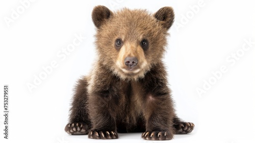 Adorable baby bear cub isolated on white background. Cute funny newborn animal portrait. Small furry pet for greeting card. banner template. Good for kids events or animal shelter poster design