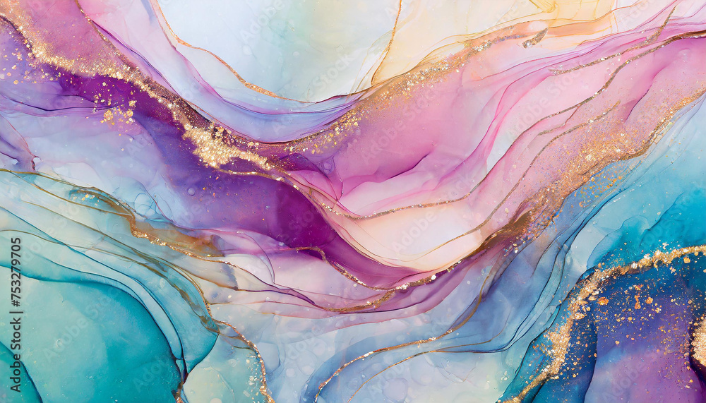 Fototapeta premium Abstract wavy fluid art background, pastel colors and golden foil. Liquid marble. Acrylic painting