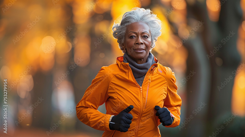 grey-haired 65 year old black woman jogging outdoors at the park, longevity, active lifestyle in eldery stage