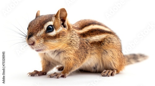 Adorable baby Chipmunk isolated on white background. Cute funny newborn animal portrait. Small furry pet for greeting card. banner template. Good for kids events or animal shelter poster design