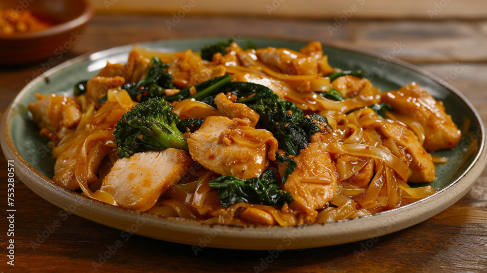 Pad See Ew, featuring wide rice noodles stir-fried with chicken, Chinese broccoli, and egg, all coated in a sweet soy sauce Pad See Ew, featuring wide rice noodles stir-fried with chicken, Chinese broccoli, and egg, all coated in a sweet soy sauce