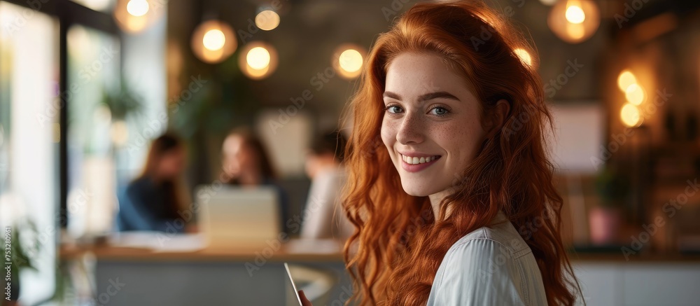 Fototapeta premium Red-haired woman in office, smiling and posing with laptop, colleagues brainstorming, copy space.