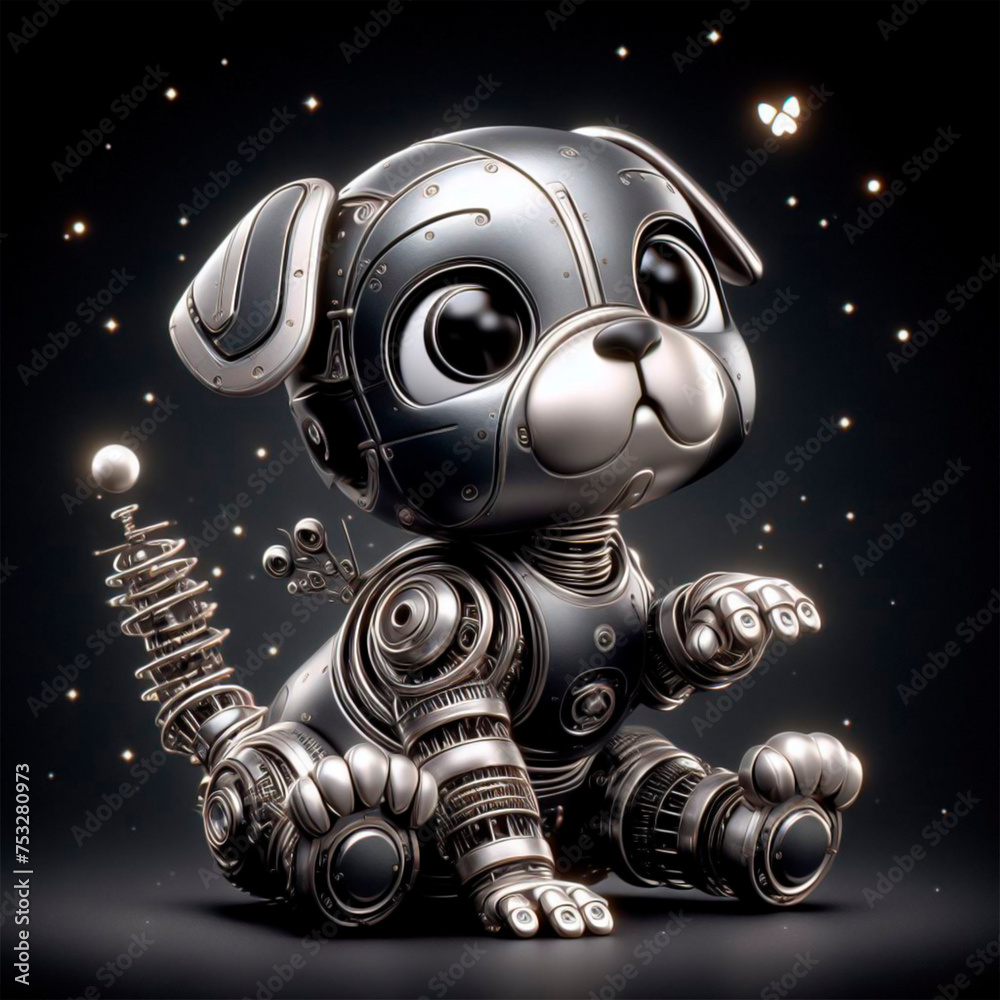 Fototapeta premium Perro Robot Bebé sentado jugando con mariposas de neon