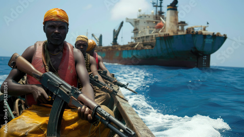 Modern day sea pirates attacking cargo ship, boat with armed men sails off coast. African people holding machine gun in ocean. Concept of piracy, business and somalia photo