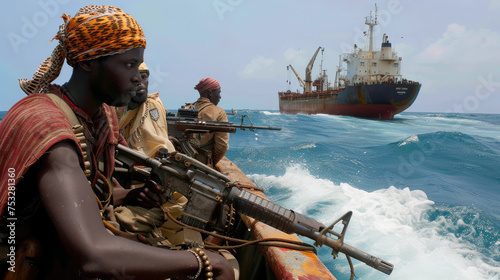 Modern day sea pirates attacking cargo ship, boat with armed people sails off coast. Men holding machine gun in ocean. Concept of piracy, security, yemen and somalia