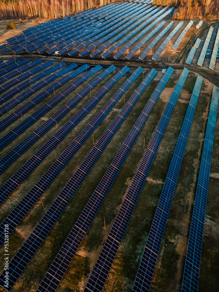 Aerial view of a large solar farm at sunset with rows of photovoltaic panels amidst a natural landscape, showcasing renewable energy.