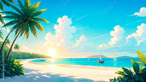 Summertime illustration  sunrise on a tropical beach with palm trees and boats in the sea