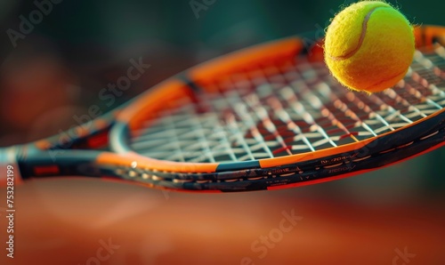 A tennis racket with a tennis ball bouncing on it
