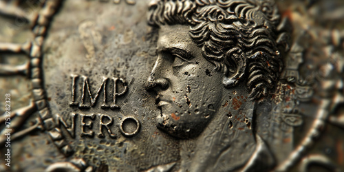 Emperor Nero portrait on Ancient Roman coin, fiction artefact for vintage background, face of Empire ruler on old metal money. Concept of Rome, antique, art and history photo