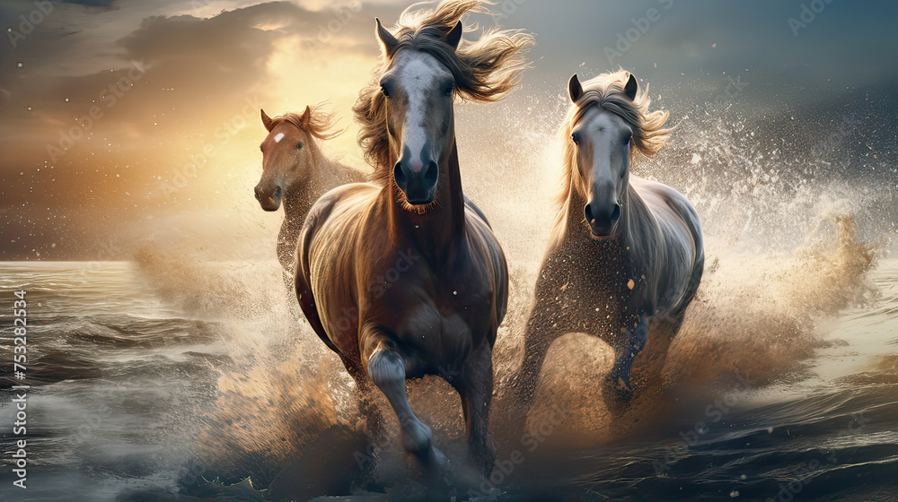 The spirit of horses against a beautiful background, portraying their energy, emotions, and connection with nature Ai Generative - obrazy, fototapety, plakaty 