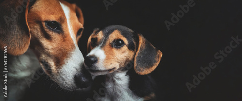 Foxhound dog mother nuzzling her puppy baby dog cute portrait