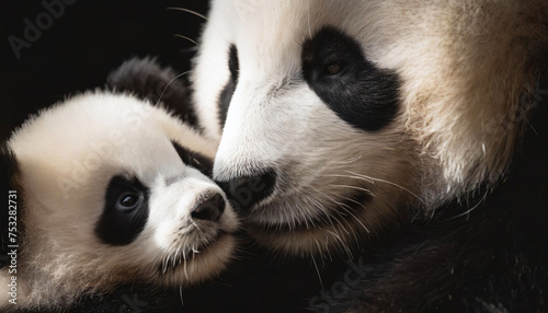 Panda mother nuzzling her cute panda baby closeup portrait