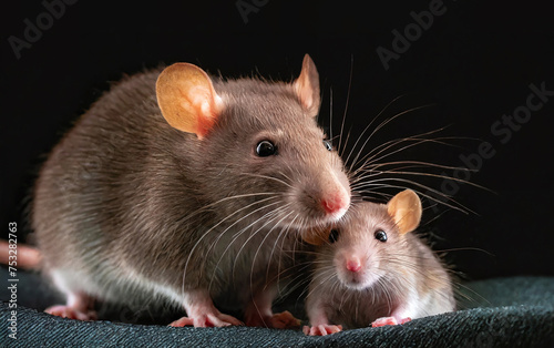 Rat mother and her young baby rat cute portrait on dark background
