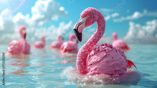 Pink stick ice cream melting with flamingo float on pastel blue background. Creative idea minimal summer concept. 3d rendering. photo