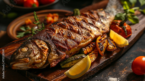Grilled Fish, with its skin crisped to perfection and flesh flaking tenderly, served with lemon wedges and a side of grilled vegetables,