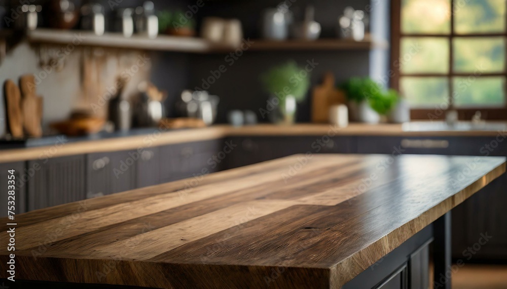 Brown natural wooden kitchen island table top with copy space for product advertising over blurred dark classic kitchen background at home Brown natural wooden kitchen island table top with copy space for product advertising over blurred dark classic kitchen background at home