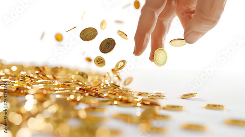
3D render mão deixando cair moedas de ouro em branco photo