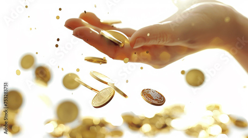 
3D render mão deixando cair moedas de ouro em branco photo
