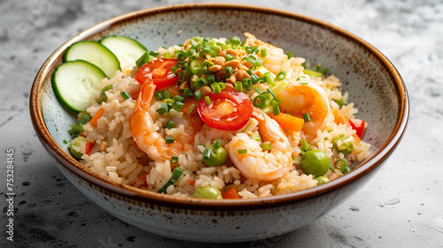 Khao Pad, a flavorful Thai fried rice with shrimp, egg, and mixed vegetables