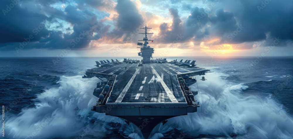 Obraz premium generic military aircraft carrier ship with fighter jets take off during a special operation at a warzone