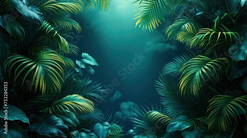 Green and Blue Neon Light with Tropical Leaves