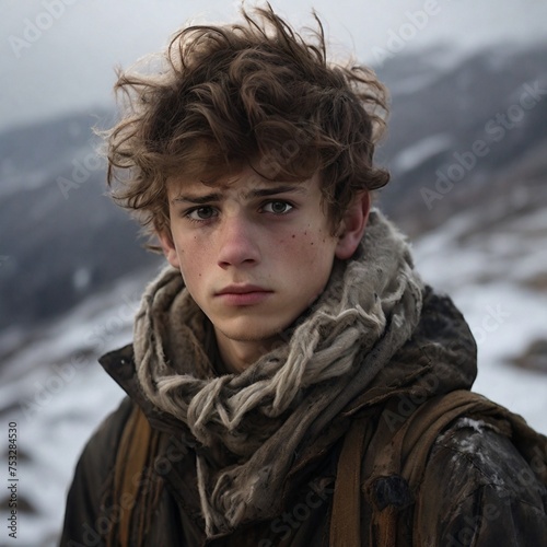 A highly realistic night photograph of a white 21 years old boy, thin lips, dark blonde messy hair, slanted brown eyes, white skin, very sad expression, wearing post-apocalyptic warm clothes with a sc